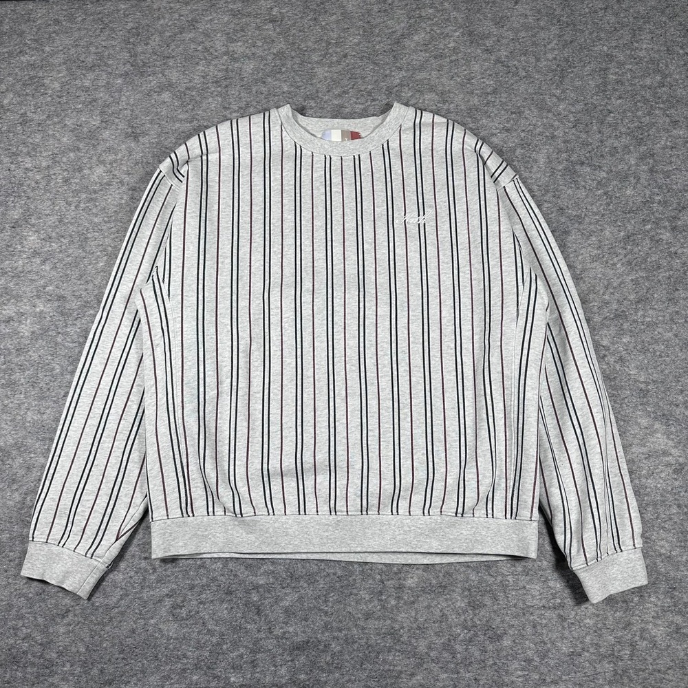 Kith Mens L SS22 Striped Crewneck Sweatshirt Grey Script Logo Pullover